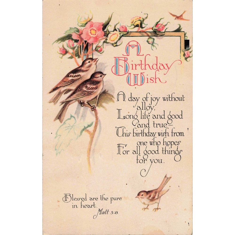 Vintage 1932 Birthday Wish Postcard Sparrows Roses Matt 5:8 S.P. Co 647